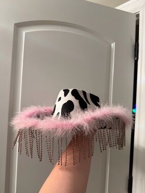 Cow Print Mini Hat with Pink Feather Trim